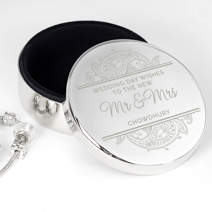 Buy Personalised Paisley Wedding Round Trinket Box at www.giftsfinder.co.uk