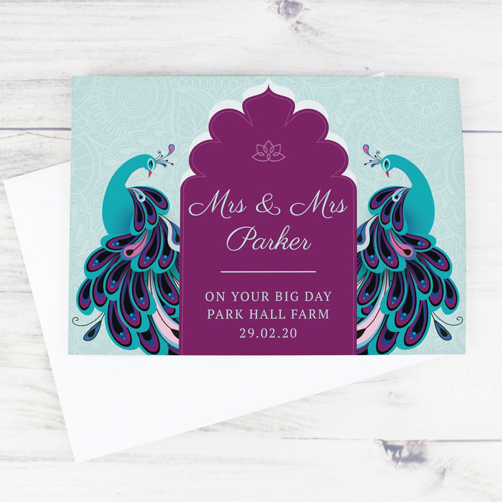 Buy Personalised Peacock Wedding Card at www.giftsfinder.co.uk