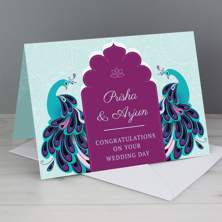 Buy Personalised Peacock Wedding Card at www.giftsfinder.co.uk