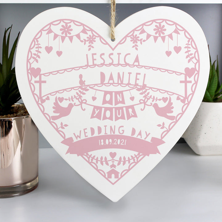 Personalised Pink Papercut Style Large Wooden Heart - part of the Gifts Finder Personalised Ornaments & Keepsakes collection