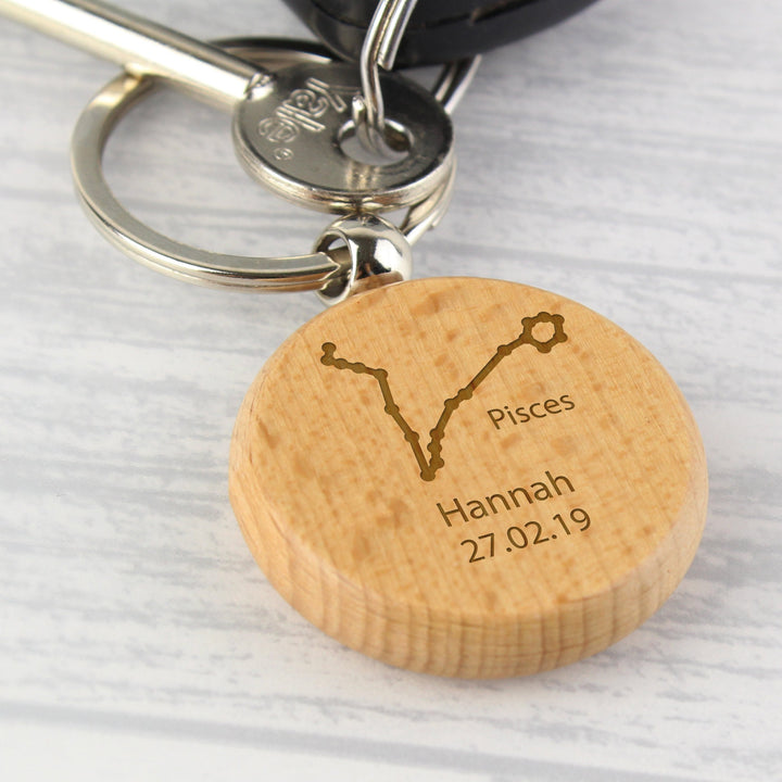 Personalised Pisces Zodiac Star Sign Wooden Keyring (February 19th - March 20th) - part of the Personalised Keyrings collection