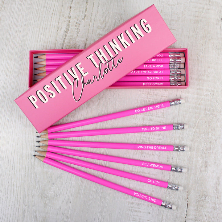 Buy Personalised Positive Thinking Box and 12 Pink HB Pencils at www.giftsfinder.co.uk