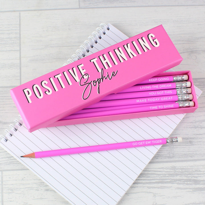 Buy Personalised Positive Thinking Box and 12 Pink HB Pencils at www.giftsfinder.co.uk