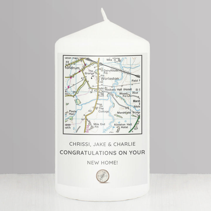 Buy Personalised Present Day Map Compass Pillar Candle at www.giftsfinder.co.uk