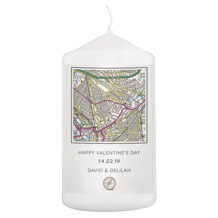 Buy Personalised Present Day Map Compass Pillar Candle at www.giftsfinder.co.uk