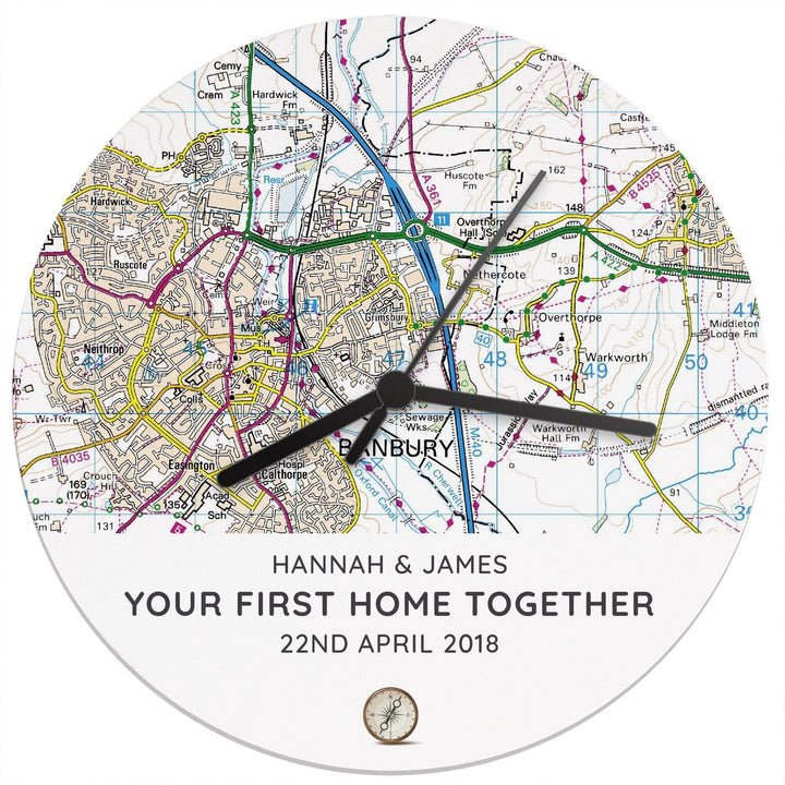 Personalised Present Day Map Compass Wooden Clock - part of the Gifts Finder Personalised Wooden Clocks collection