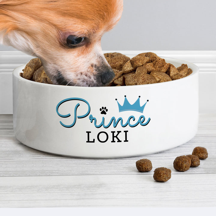 Buy Personalised Prince 14cm Medium Ceramic White Pet Bowl at www.giftsfinder.co.uk