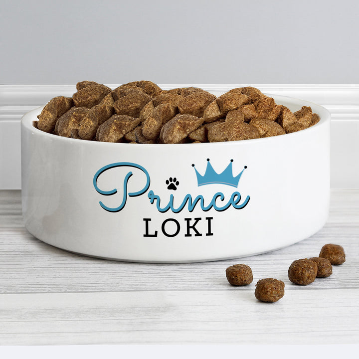 Buy Personalised Prince 14cm Medium Ceramic White Pet Bowl at www.giftsfinder.co.uk