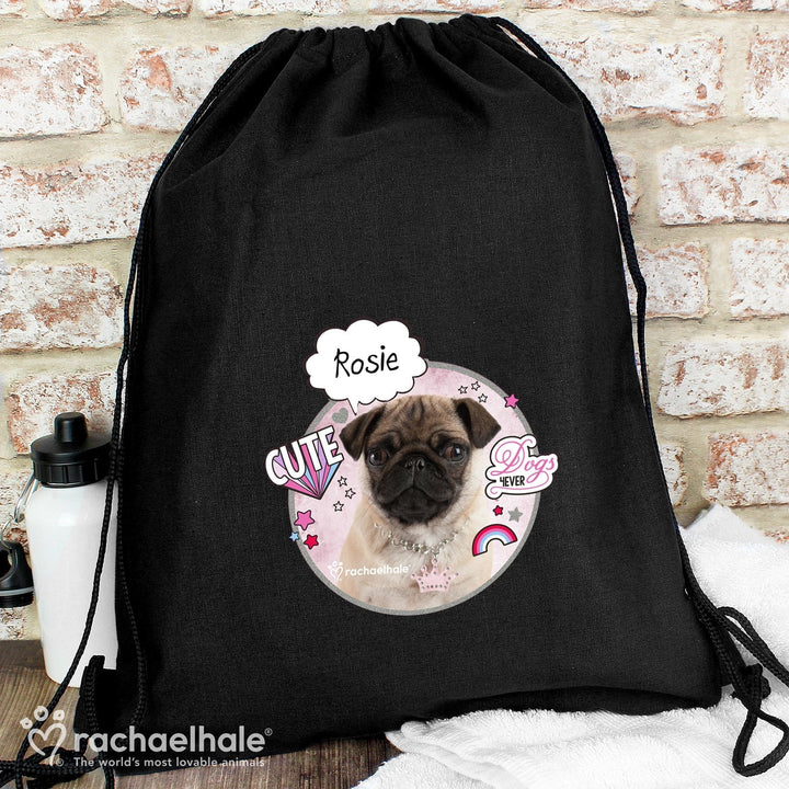 Personalised Rachael Hale Doodle Pug Black Swim & Kit Bag in gift category Personalised Kit Bags