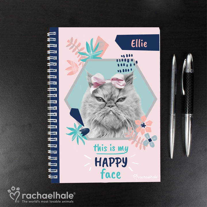 Buy Personalised Rachael Hale 'Happy Face' Cat A5 Notebook at www.giftsfinder.co.uk