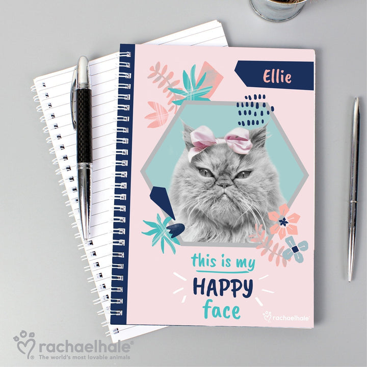 Buy Personalised Rachael Hale 'Happy Face' Cat A5 Notebook at www.giftsfinder.co.uk