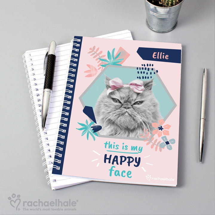 Buy Personalised Rachael Hale 'Happy Face' Cat A5 Notebook at www.giftsfinder.co.uk