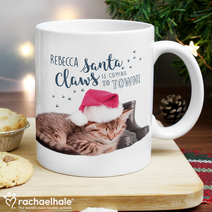 Personalised Rachael Hale Santa Claws Christmas Cat Mug in gift category Personalised Mugs