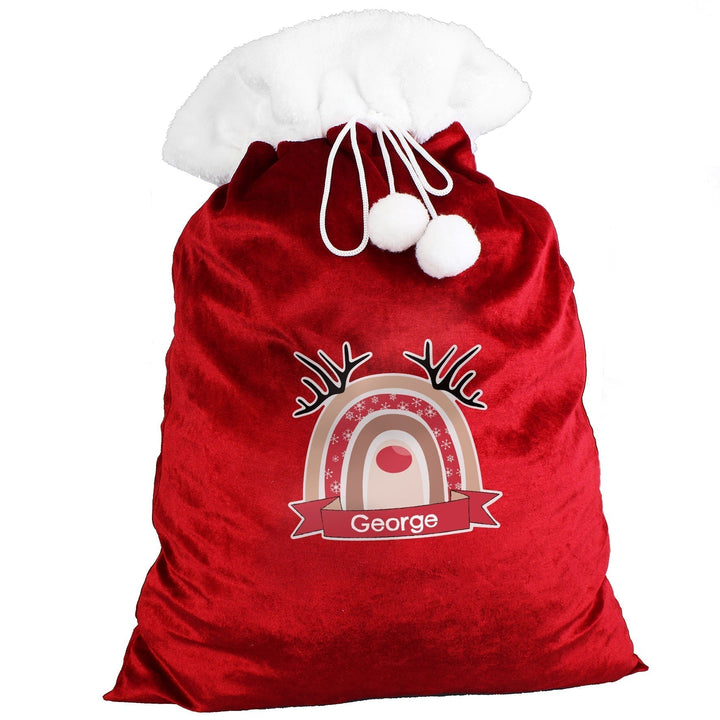 Personalised Rainbow Reindeer Luxury Pom Pom Red Children's Christmas Sack