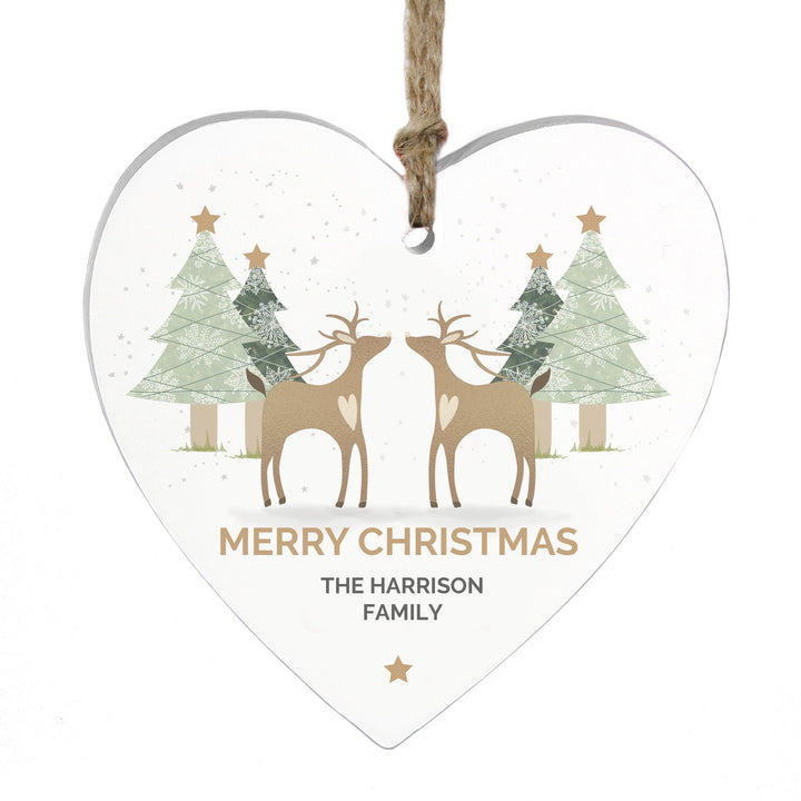 Personalised Reindeer Couple Wooden Heart Decoration