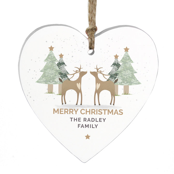 Personalised Reindeer Couple Wooden Heart Decoration