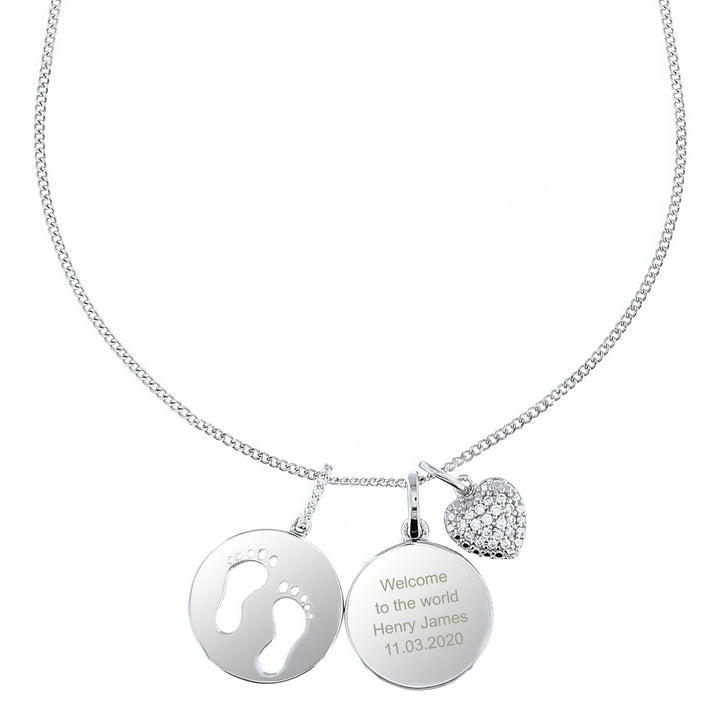 Personalised Sterling Silver Footprints and Cubic Zirconia Heart Necklace in gift category 