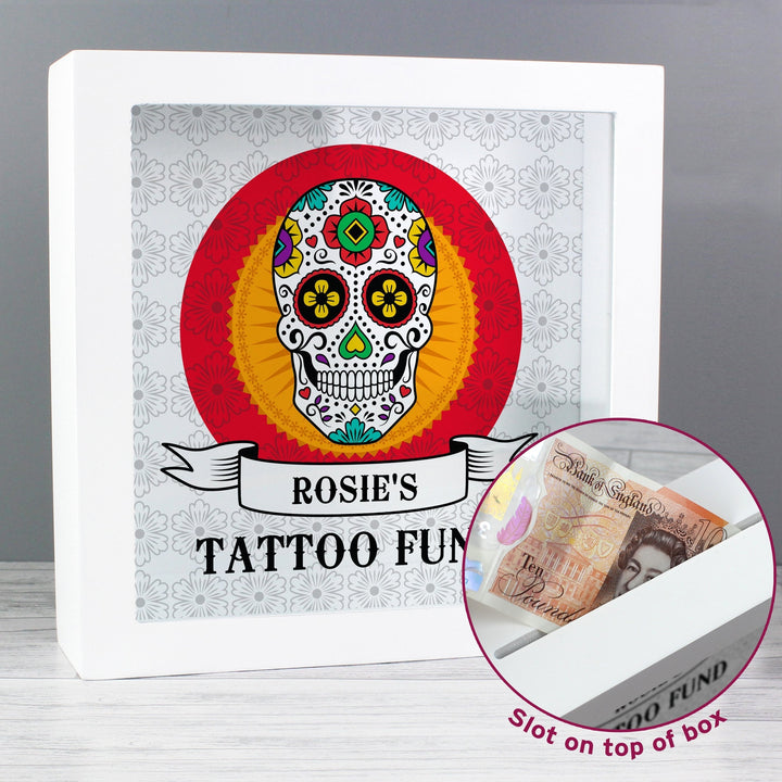 Personalised Sugar Skull Tattoo Fund and Keepsake Box in gift category Personalised Money Boxes