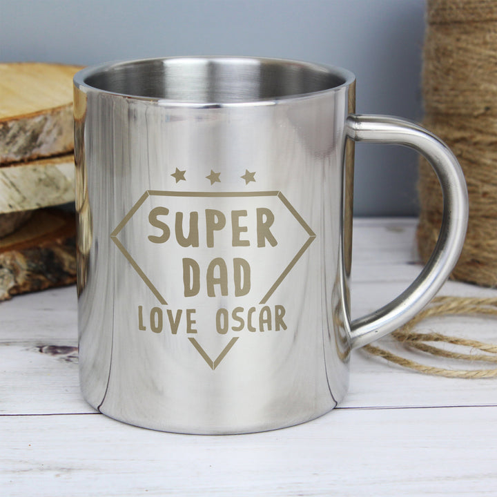 Personalised Super Dad Stainless Steel Mug in gift category 