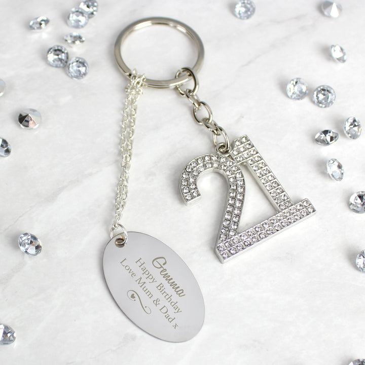 Personalised Swirls & Hearts Diamante 21 Keyring