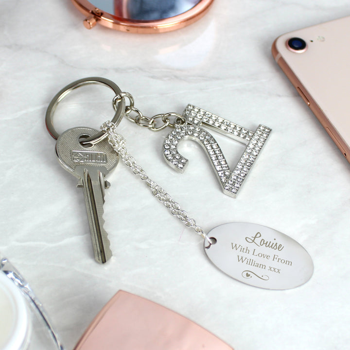 Personalised Swirls & Hearts Diamante 21 Keyring