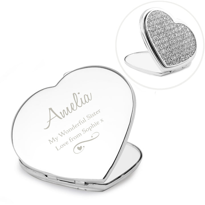 Personalised Swirls & Hearts Diamante Heart Compact Mirror - part of the Gifts Finder Personalised Compact Mirrors collection