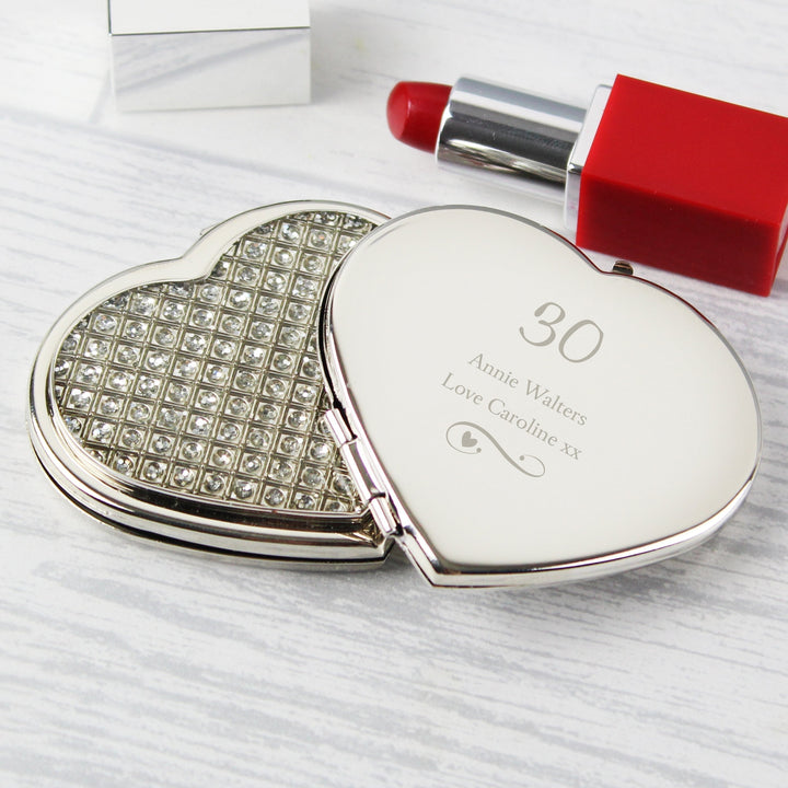 Personalised Swirls & Hearts Diamante Heart Compact Mirror - part of the Gifts Finder Personalised Compact Mirrors collection