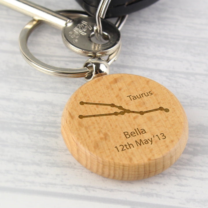 Personalised Taurus Zodiac Star Sign Wooden Keyring (April 20th - May 20th) in gift category Personalised Keyrings