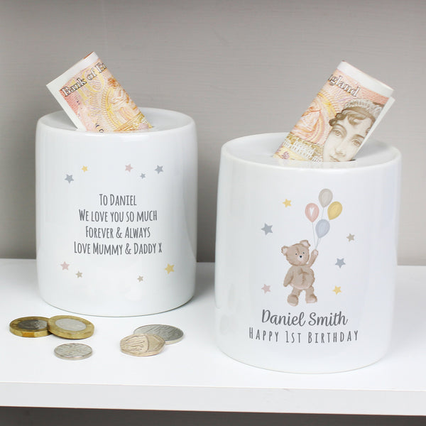 Personalised Teddy & Balloons Money Box in gift category Personalised Money Boxes