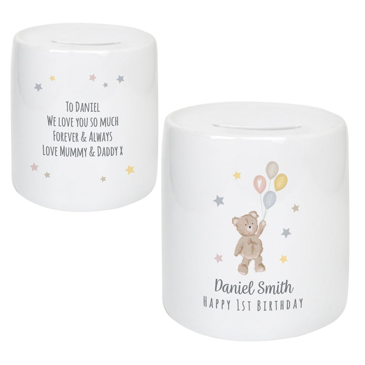 Personalised Teddy & Balloons Money Box in gift category 