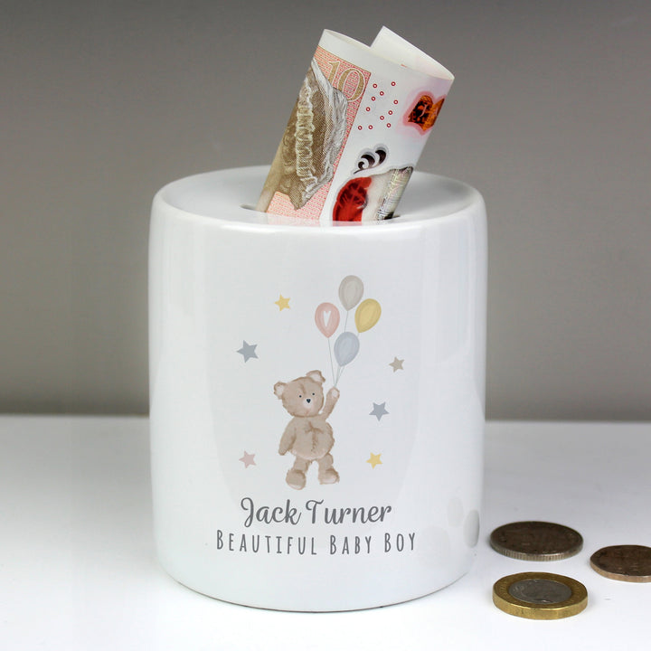 Personalised Teddy & Balloons Money Box in gift category 