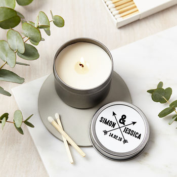 Buy Personalised Couple's Arrows Scented Soy Candle available now at www.giftsfinder.co.uk