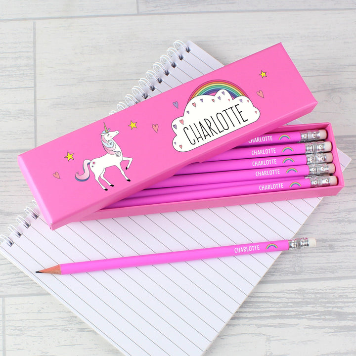 Personalised Unicorn Box of 12 Pink HB Pencils in gift category Personalised Pencils