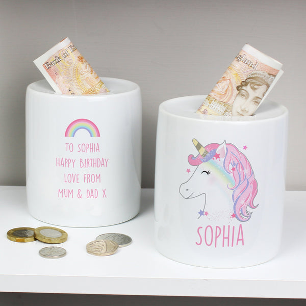 Personalised Unicorn Ceramic Money Box in gift category Personalised Money Boxes