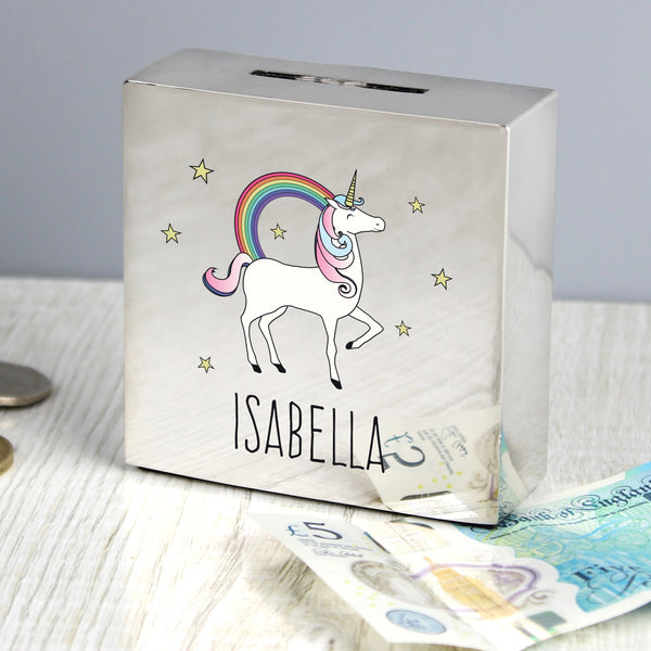 Personalised Unicorn Square Money Box in gift category Personalised Money Boxes