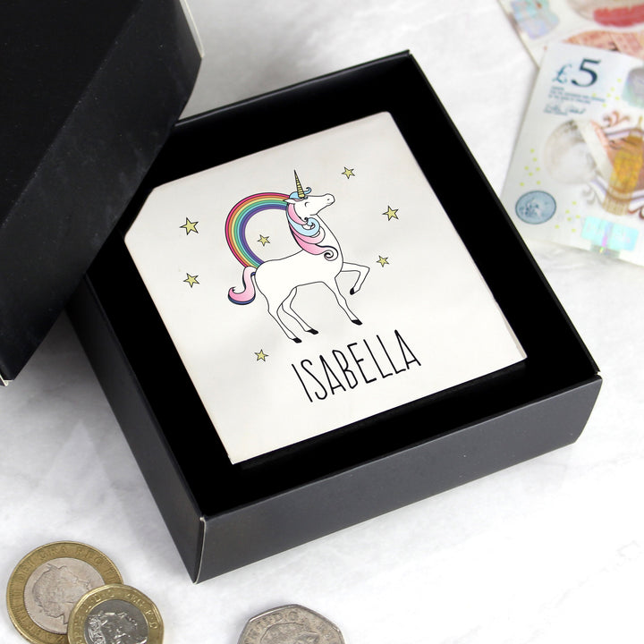 Personalised Unicorn Square Money Box in gift category 