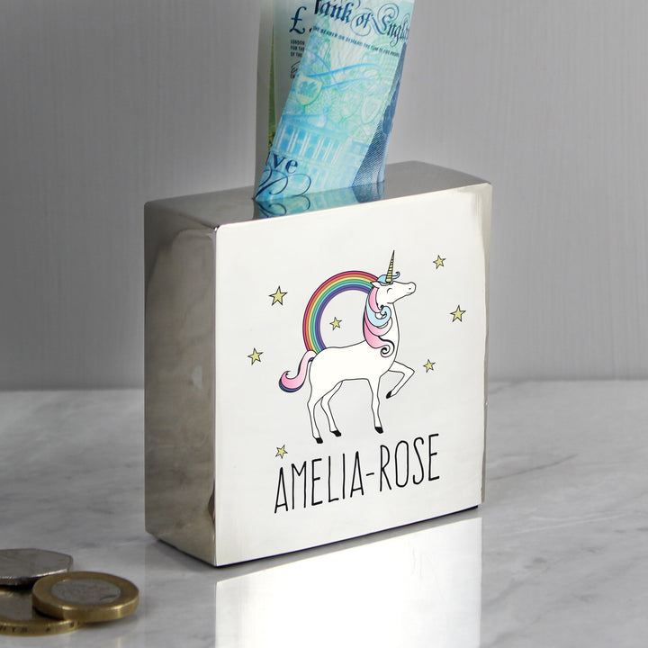 Personalised Unicorn Square Money Box in gift category 