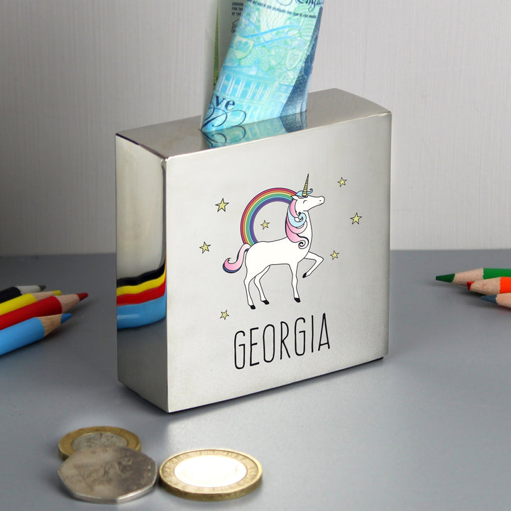 Personalised Unicorn Square Money Box in gift category 