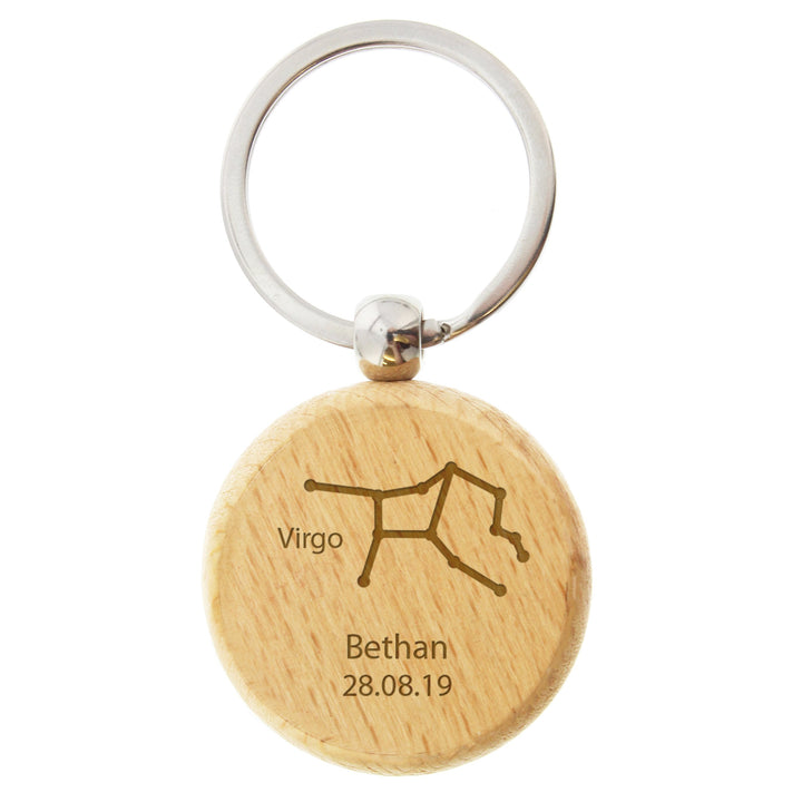 Personalised Virgo Zodiac Star Sign Wooden Keyring (August 23rd - September 22nd) in gift category 