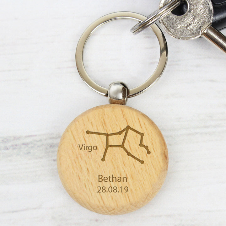 Personalised Virgo Zodiac Star Sign Wooden Keyring (August 23rd - September 22nd) in gift category 