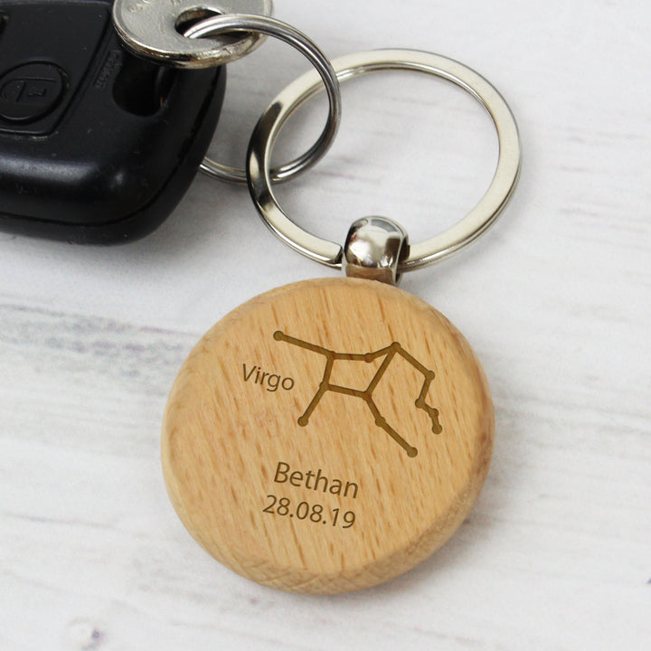 Personalised Virgo Zodiac Star Sign Wooden Keyring (August 23rd - September 22nd) in gift category Personalised Keyrings