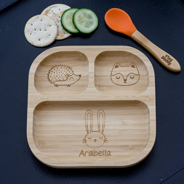 Personalised Woodland Bamboo Suction Plate & Spoon in gift category Personalised Childrens Food Plates & Sets