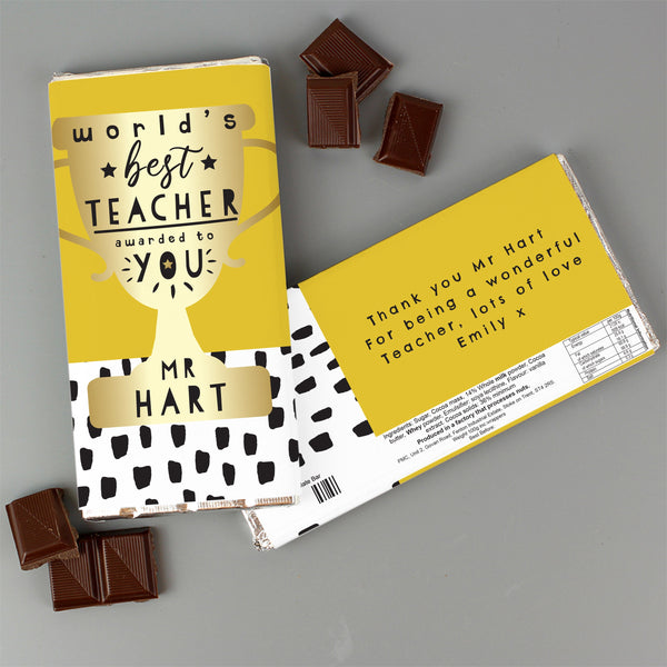 Personalised Worlds Best Teacher Trophy Milk Chocolate Bar, Halal Friendly in gift category Personalised Teacher Gifts