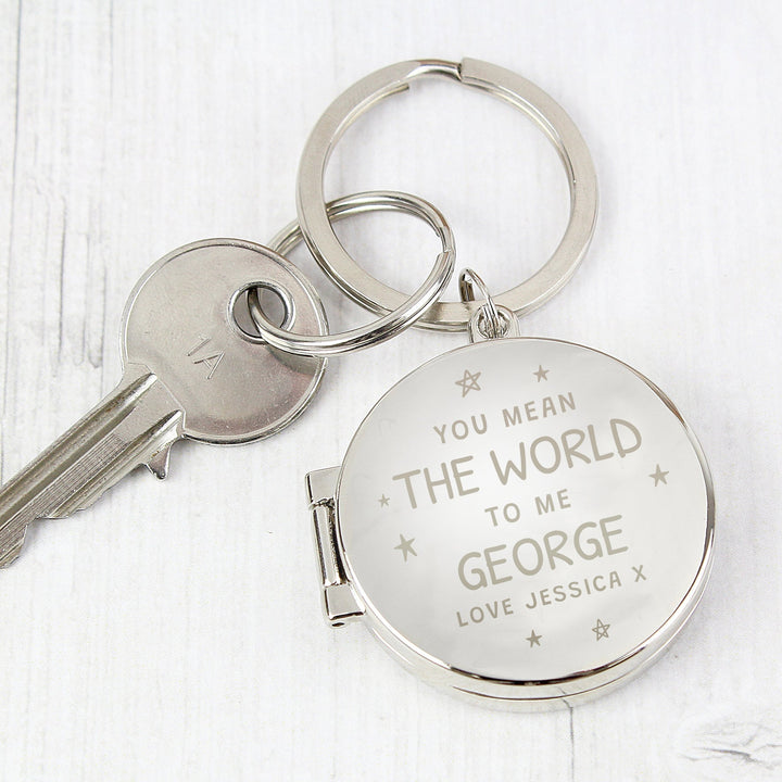 Personalised You Mean The World To Me Round Photo keyring in gift category 