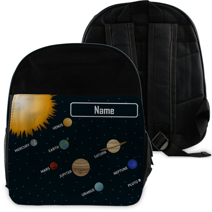 Buy Printed Kids Black Backpack with Solar System Design, Customise with Any Name from www.giftsfinder.co.uk