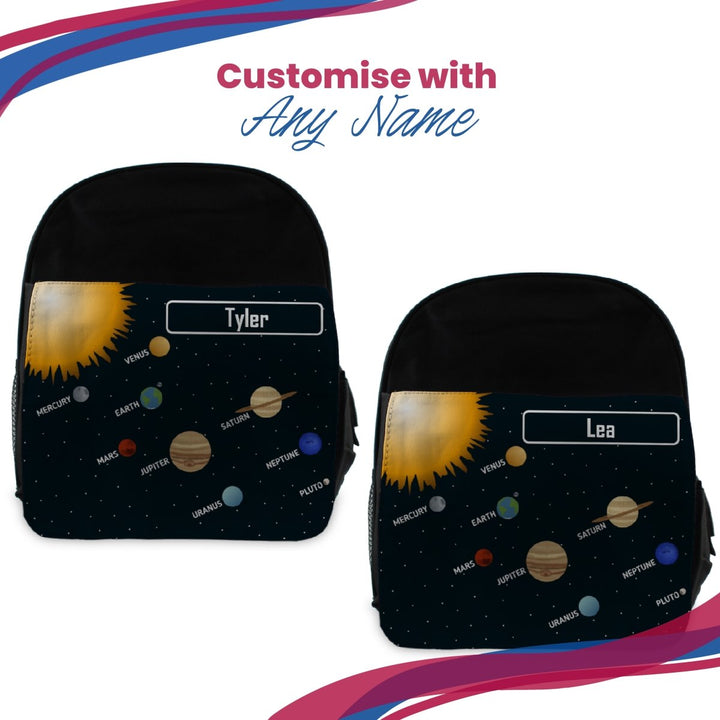 Buy Printed Kids Black Backpack with Solar System Design, Customise with Any Name from www.giftsfinder.co.uk