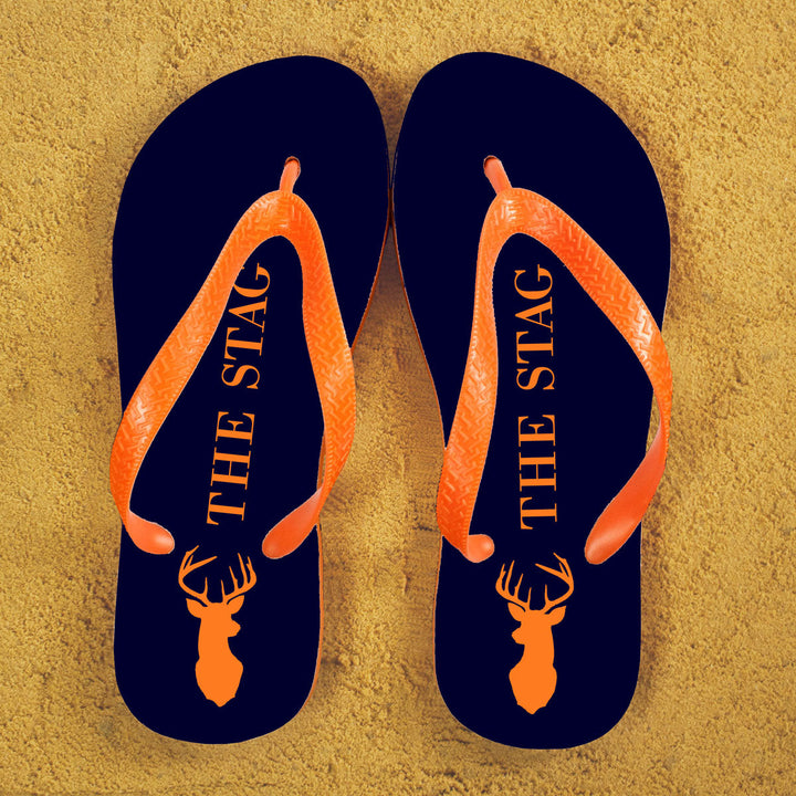 Stag Design Personalised Flip Flops in Blue and Orange in gift category Personalised Kids Flip Flops