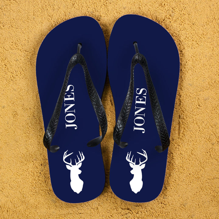 Stag Design Personalised Flip Flops in Blue and White in gift category Personalised Kids Flip Flops