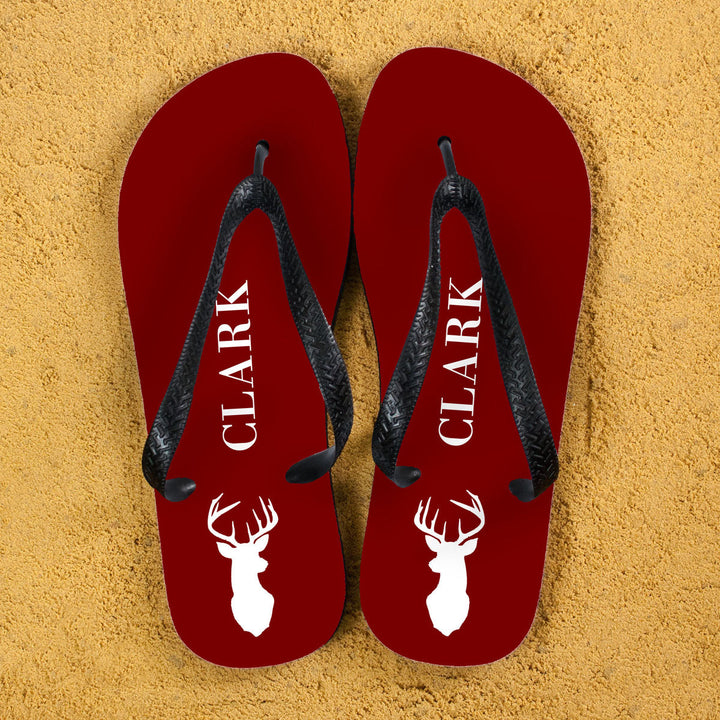 Stag Design Personalised Flip Flops in Red in gift category Personalised Kids Flip Flops