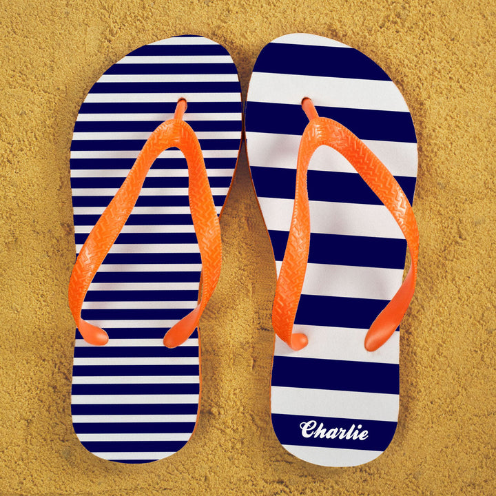 Striped Personalised Flip Flops in Blue and Orange in gift category Personalised Kids Flip Flops